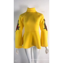 Winter Elegant Yellow Embroidery Ladies Office Wear Appliqued Turtleneck Blouse Long Sleeve Women